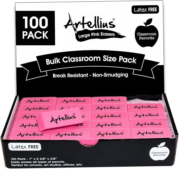 Artellius Pink Erasers | Latex & Smudge Free | Bulk School Supplies | Classrooms by Artellius