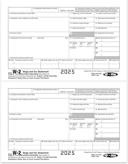 W2 Forms 2025, 6 Part Tax Forms, 25 Employee Kit of Laser Forms Designed - Image 4