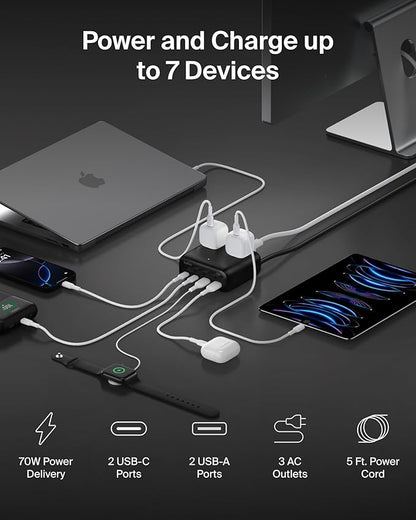 Belkin GaN Charging Station 70W, 7-in-1 Dual USB C Charger w/ 3X AC Outlets - Image 2