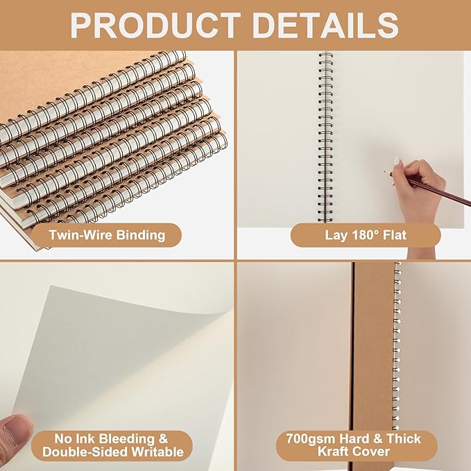 PerKoop 6 Pcs 8.5"x11" Spiral Sketch Pad A4 Large 100 Sheet Blank Notebook - Image 3