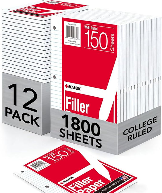 Kaisa loose Leaf Paper Filler Paper 150 Sheets 8"x10.5", Wide Ruled, 3-Hole by KAISA