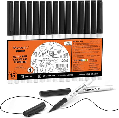 Shuttle Art Ultra Fine Dry Erase Markers, 15 Pack Black Whiteboard Markers by ShuttleArt