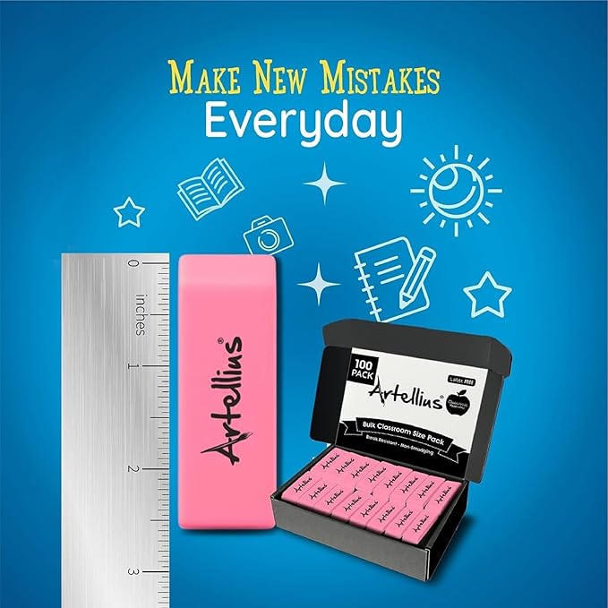 Artellius Pink Erasers | Latex & Smudge Free | Bulk School Supplies | Classrooms - Image 2