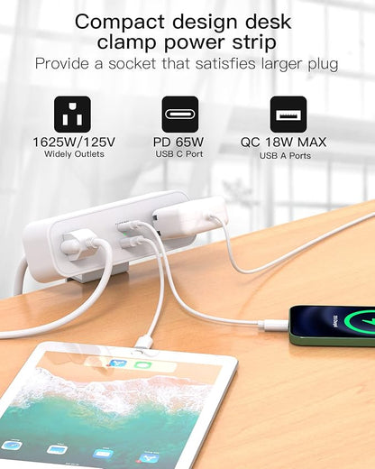 Desk Clamp Power Strip, 65W 10ft Extension Cord- 2 Outlets Desktop Power Strip - Image 2