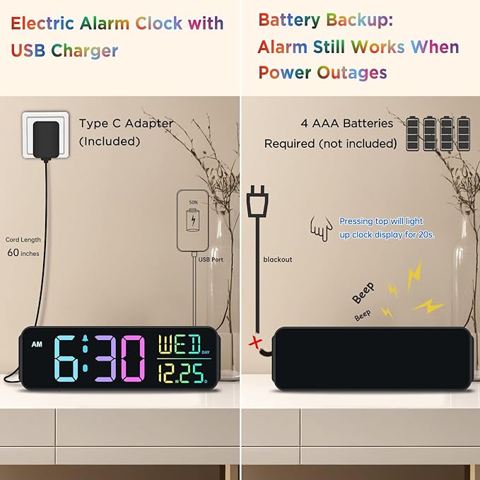 Peakeep Digital Alarm Clock for Bedrooms, Date Day of Week Large Display - Image 5