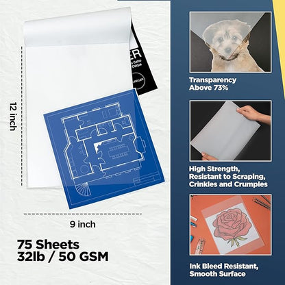 LOUPELLER 9” x 12” Tracing Paper Pad – 75 Sheets of 32lb 50g – Wrinkle Free - Image 2