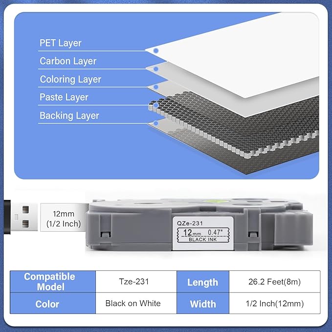 8pack 12mm 0.47'' TZe TZ Tape Laminated White Label Maker Tape Replacement - Image 3
