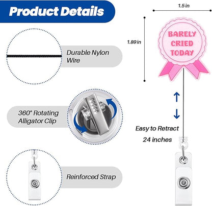 Barely Cried Today Funny Nurse Badge Reel, Cute Pink Ribbon Retractable ID Card - Image 2