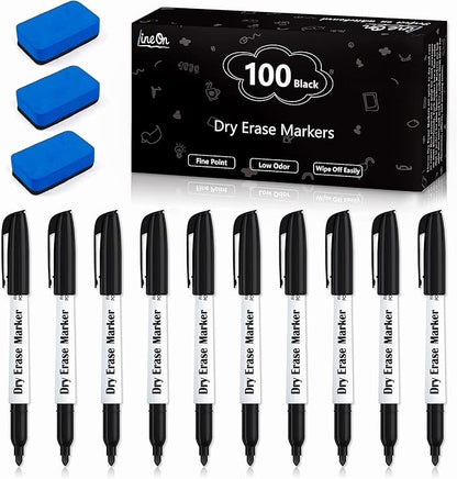 Lineon 100 Bulk Pack Black Whiteboard Markers by ShuttleArt