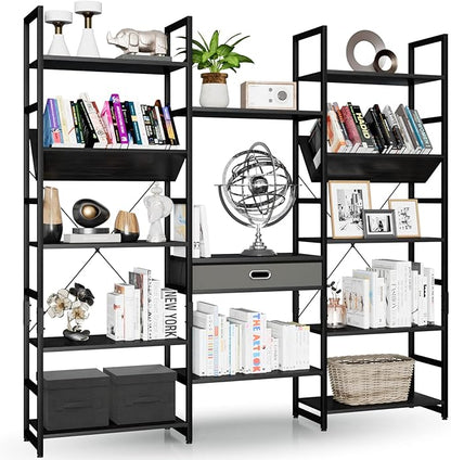 NUMENN Triple Wide 5 Tier Bookshelf, Adjustable Rustic Industrial Style Book by NUMENN