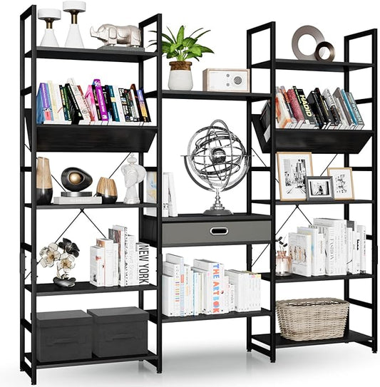 NUMENN Triple Wide 5 Tier Bookshelf, Adjustable Rustic Industrial Style Book by NUMENN