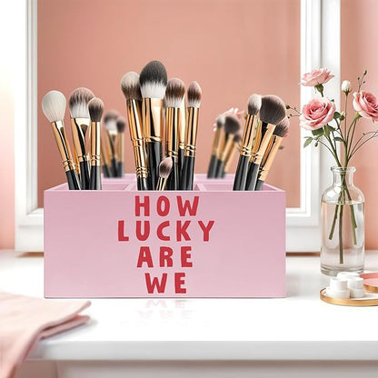 Exqcom Pink Positive Quotes Makeup Brush Holder, How Lucky Are We Pen Holder - Image 5