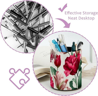 Leather Pen Holder for Desk Tulips Pattern Pencil Cup Desktop Organizer Makeup - Image 4