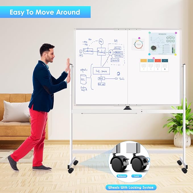 maxtek Rolling Whiteboard, 48x36 Large Magnetic White Board - Image 3