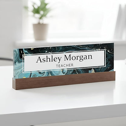 ARTBLOX | Office Personalized Name Plate Green Marble Design On Clear Acrylic by Artblox