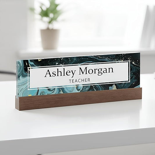 ARTBLOX | Office Personalized Name Plate Green Marble Design On Clear Acrylic by Artblox