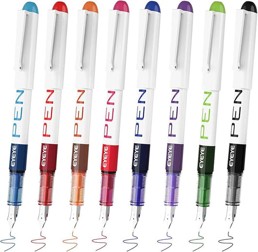 EYEYE Fountain Pens for Writing, 8 Pack Assorted Colors Fine Point Disposable by eyeye