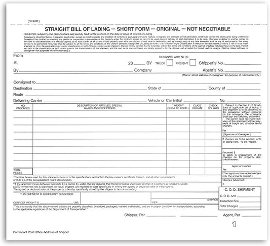 NextDayLabels - Short Form Straight Bill of Lading, 8-1/2 x 7", 3 Part NCR by NextDayLabels