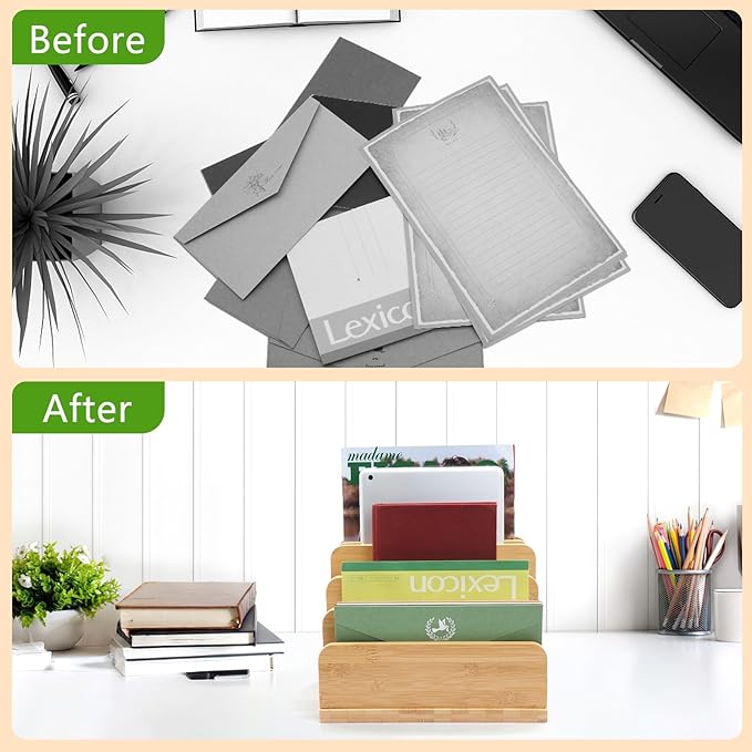 Deefielly Desk File Mail Organizer Countertop, 5 Slots Bamboo Folder Sorter - Image 3