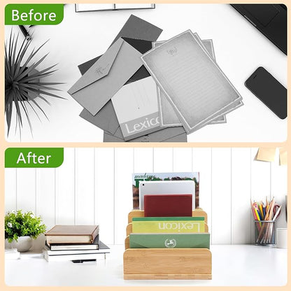 Deefielly Desk File Mail Organizer Countertop, 5 Slots Bamboo Folder Sorter - Image 3