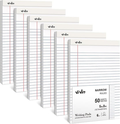 ViVin 5 x 8 Inch Legal Pads, 6 Pack, Narrow Ruled, 50 Sheets Per Writing Pad by ViVin