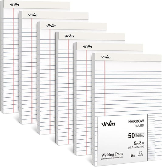 ViVin 5 x 8 Inch Legal Pads, 6 Pack, Narrow Ruled, 50 Sheets Per Writing Pad by ViVin