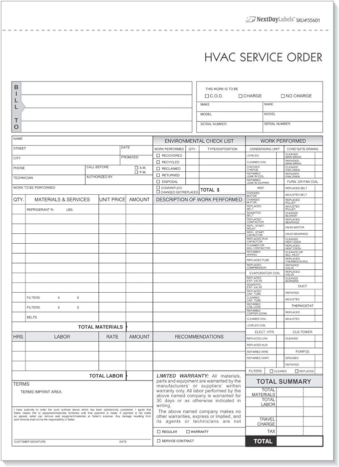 HVAC Service Order Invoice & Repair Detail Form, 3 Part Forms Carbonless 100 by NextDayLabels