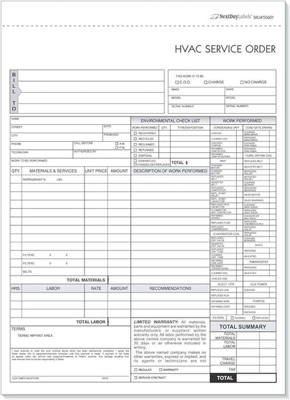 HVAC Service Order Invoice & Repair Detail Form, 3 Part Forms Carbonless 100 by NextDayLabels