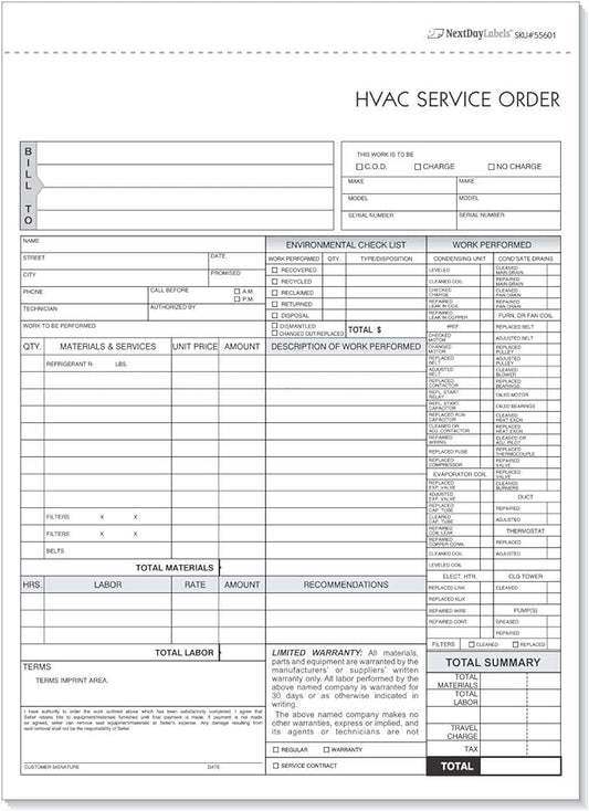 HVAC Service Order Invoice & Repair Detail Form, 3 Part Forms Carbonless 100 by NextDayLabels