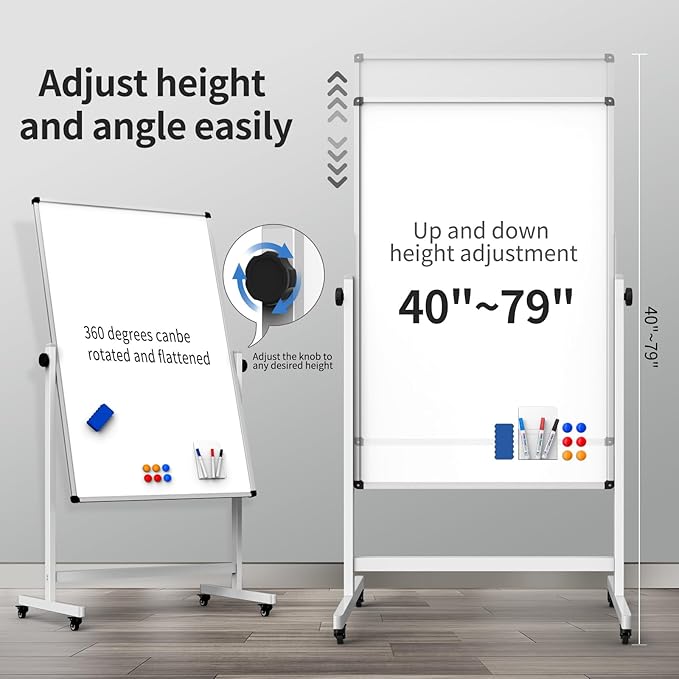 Rolling Whiteboard, Double Sided Magnetic Dry Erase Board Height Adjustable - Image 2