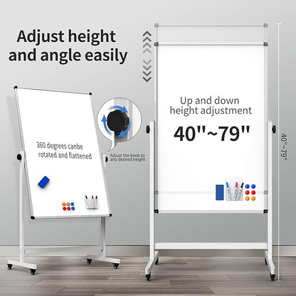 Rolling Whiteboard, Double Sided Magnetic Dry Erase Board Height Adjustable - Image 2