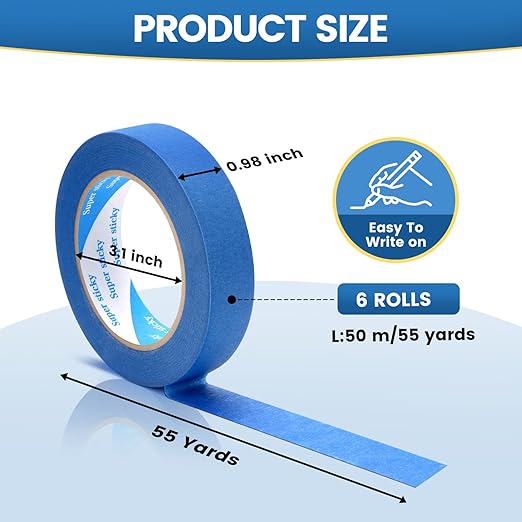 SUNSHINETOP Blue Painters Tape, 6 Rolls Paint Tape 1 Inch Wide Blue Masking - Image 3