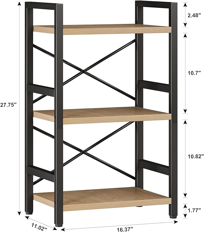 Homeiju Bookshelf, 3 Tier Industrial Bookcase, Metal Small Bookcase, Rustic - Image 3