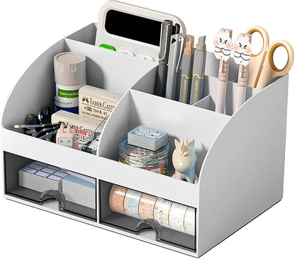Desk Organizer with 6 Compartments and 2 Drawers, Plastic Makeup Organizer by COMFYROOM