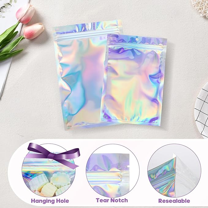 5.5x7.8 inch Holographic Packaging Bags, Resealable Foil Pouch Mylar Sample Bag - Image 5
