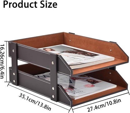XNONE Leather Desk Organizer, 2-Tier Stackable Letter Tray Holder, Office - Image 2