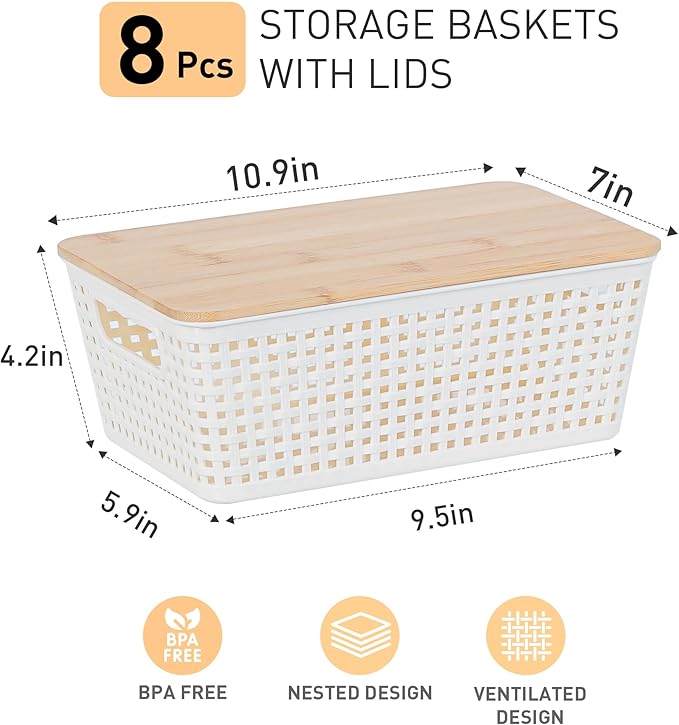 Anywish Storage Bins with Lids 8 Packs, Plastic Storage Bins with Bamboo Lids - Image 2