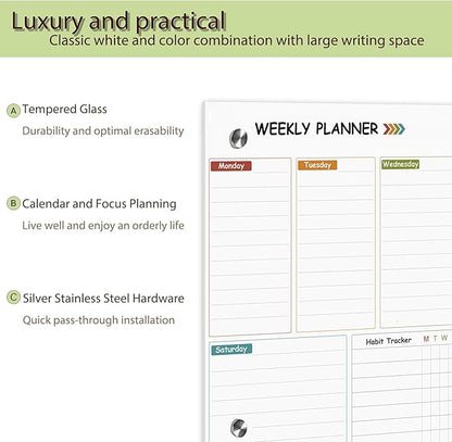 Glass Weekly Dry Erase Board for Wall 16"X 12", Colorful Weekly Calendar - Image 3