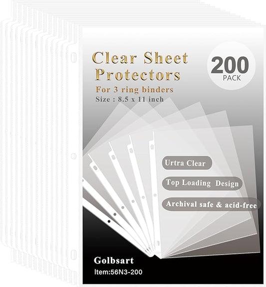 Sheet Protectors 8.5 x 11, 200 Pack Clear Plastic Page Protectors by Golbsart