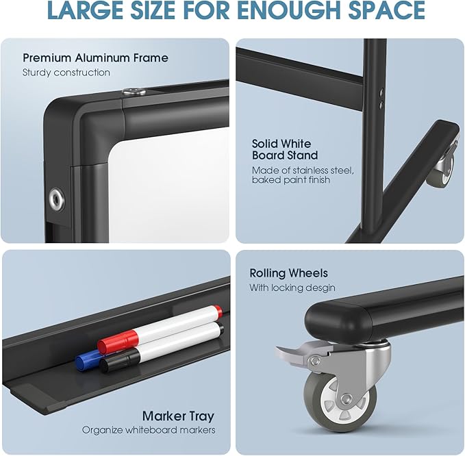 MaxGear Large Black Rolling Whiteboard on Wheels, Reversible Standing - Image 6