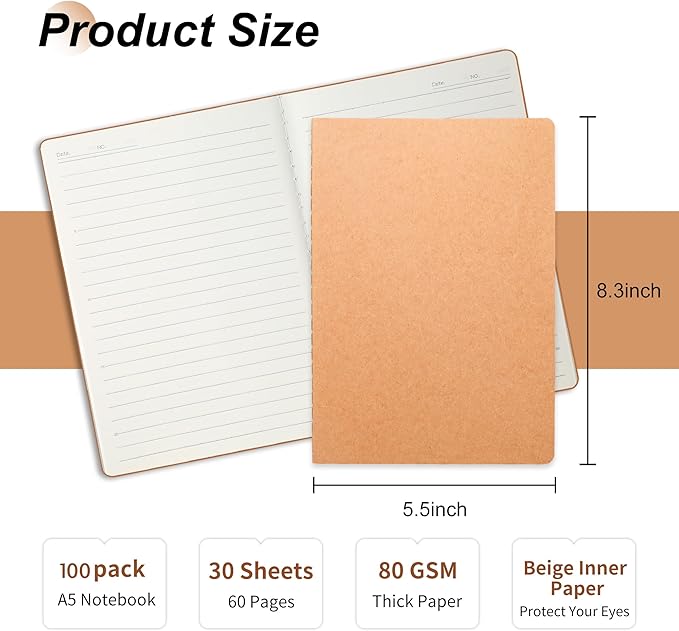 miikoul 100 Pack A5 Kraft Paper Notebook Lined Journal Bulk, 8.3 X 5.5 Inch - Image 2
