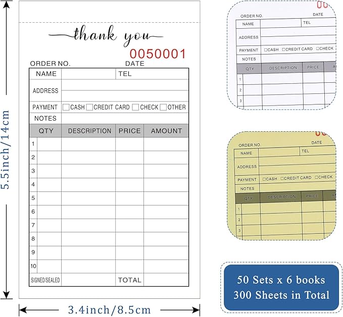 6 Pack Thank You Receipt Book, 3.4x5.5" Handheld 2-Part Carbonless Sales - Image 2