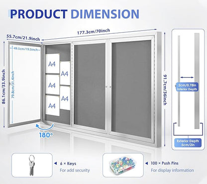SWANCROWN Weather Resistant Enclosed Bulletin Board Gray Fabric Displays Boards - Image 2