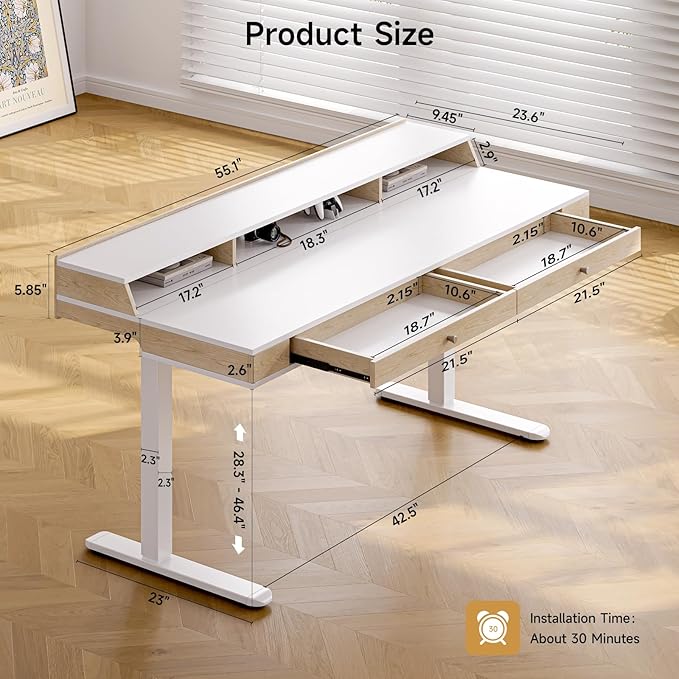 Standing Desk With Drawers, 55x23.6 Inch Electric Stand Up Workstation With - Image 2