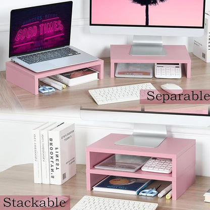 TEAMIX Pink Monitor Stand Riser-2 Pack, Wood 2 Tier Adjustable Monitor Stand - Image 3