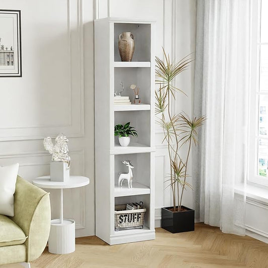 blini 5-Shelf Narrow Bookcase White Wooden Tall Bookshelves Floor Standing by blini