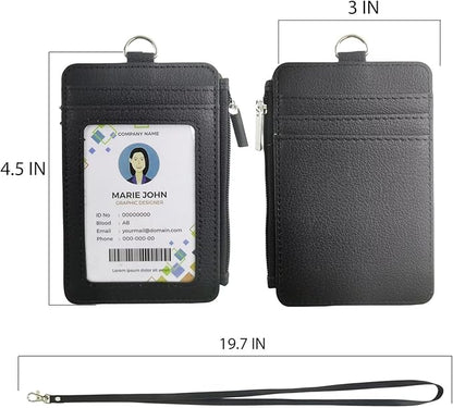 Black ID Badge Holder with Lanyard, Vertical PU Leather ID Badge Card Holder - Image 3