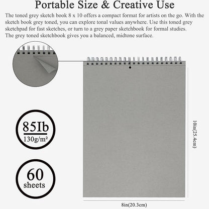 Fuxi Toned Gray Sketchbook 8x10, 60 Sheets Acid-Free Drawing Paper, Spiral - Image 2