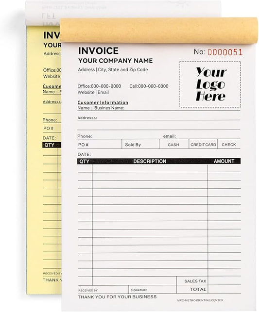 100 Sets Custom 5.7" X 8.5" Invoice Receipt Book, Personalized Duplicate by Custom