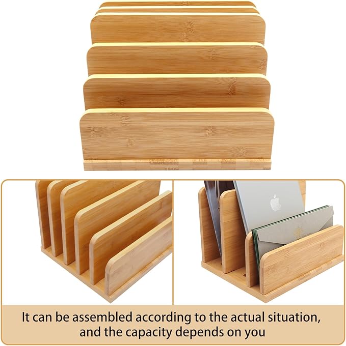 Deefielly Desk File Mail Organizer Countertop, 5 Slots Bamboo Folder Sorter - Image 7
